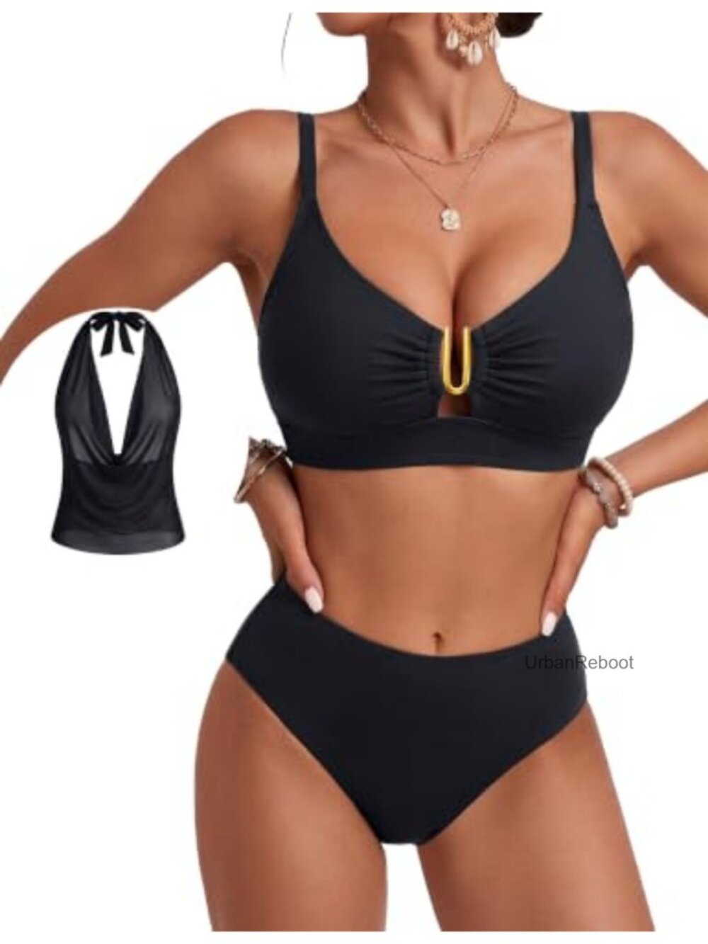 3 Piece Bikini Set with Mesh Cover-Up U-Wire Cutout Swim Suits